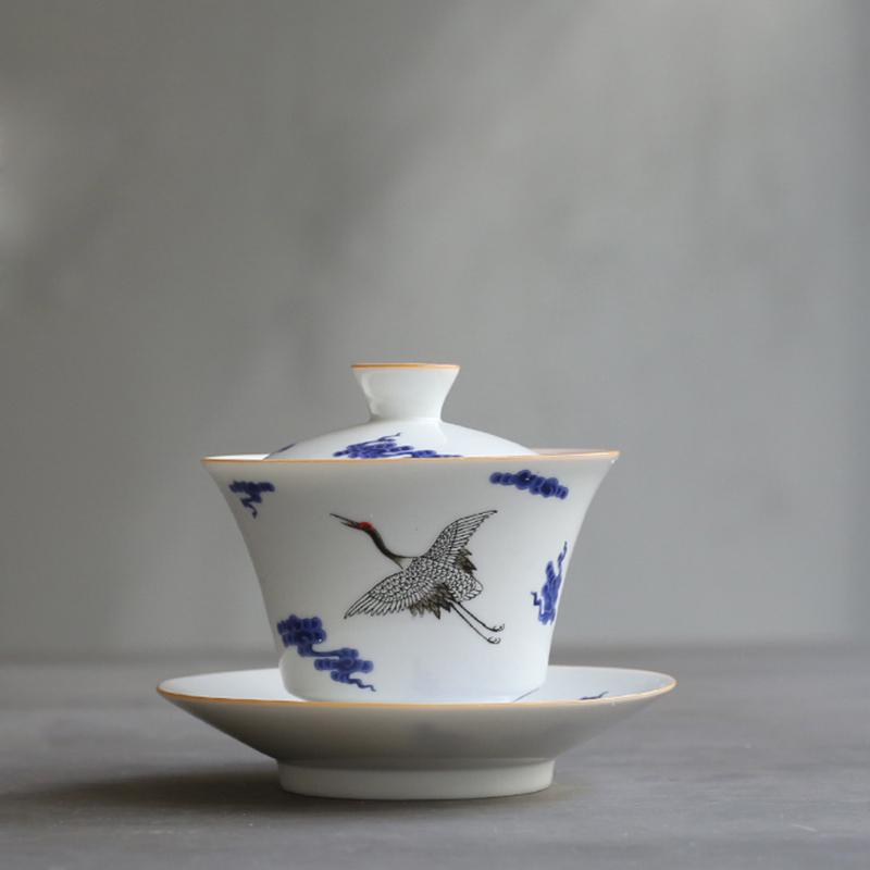 Gaiwan bol à thé chinois en céramique, porcelaine bleue et blanche de 110ml service à thé Kung Fu, théière à thé, vaisselle, décor de grue