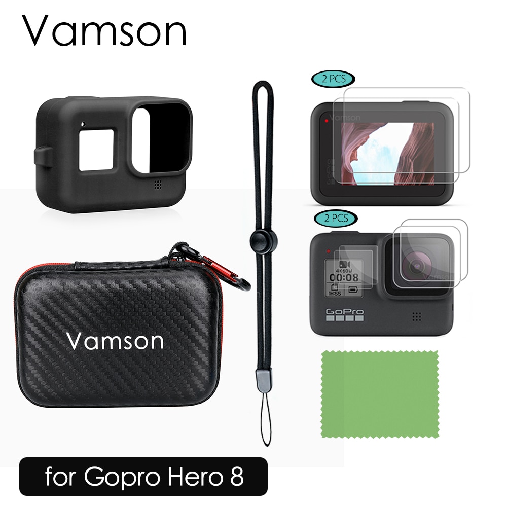Vamson tilbehørssæt til gopro hero 8 sort bundt inkluderer sort bæretaske+skærmbeskytter i hærdet glas  vp814