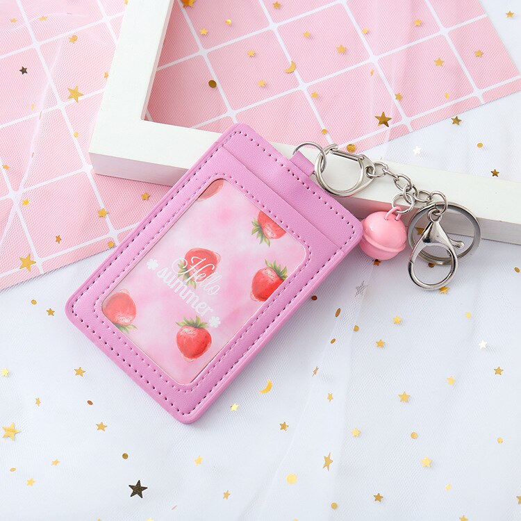 Pink Girl ID Card Holder PU Wallet With Small Bell Student Bus Card Set Cover Women Holder Bags Travel Accessories: strawberry