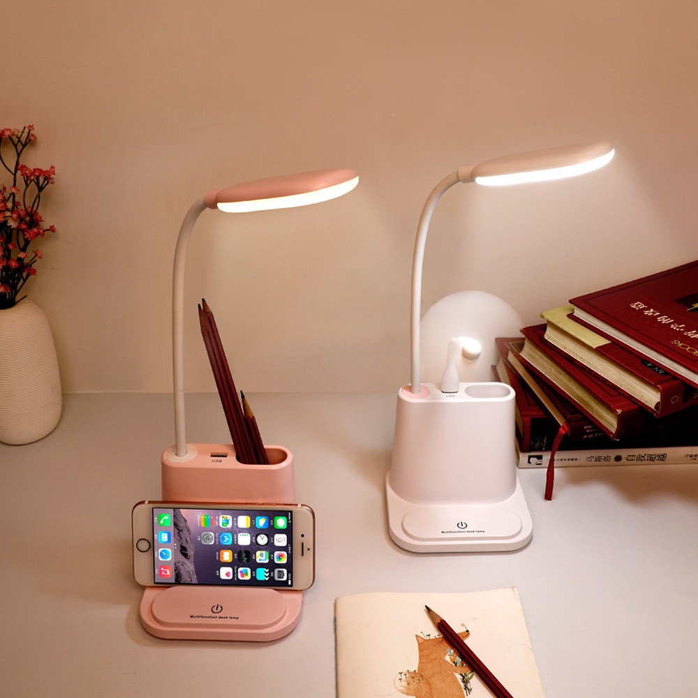 NewUSB Wiederaufladbare LED Schreibtisch Lampe Berühren Dimmen Einstellung Tisch Lampe Telefon Halfter Lesen Licht Mit Fan Pinsel Topf Lampe