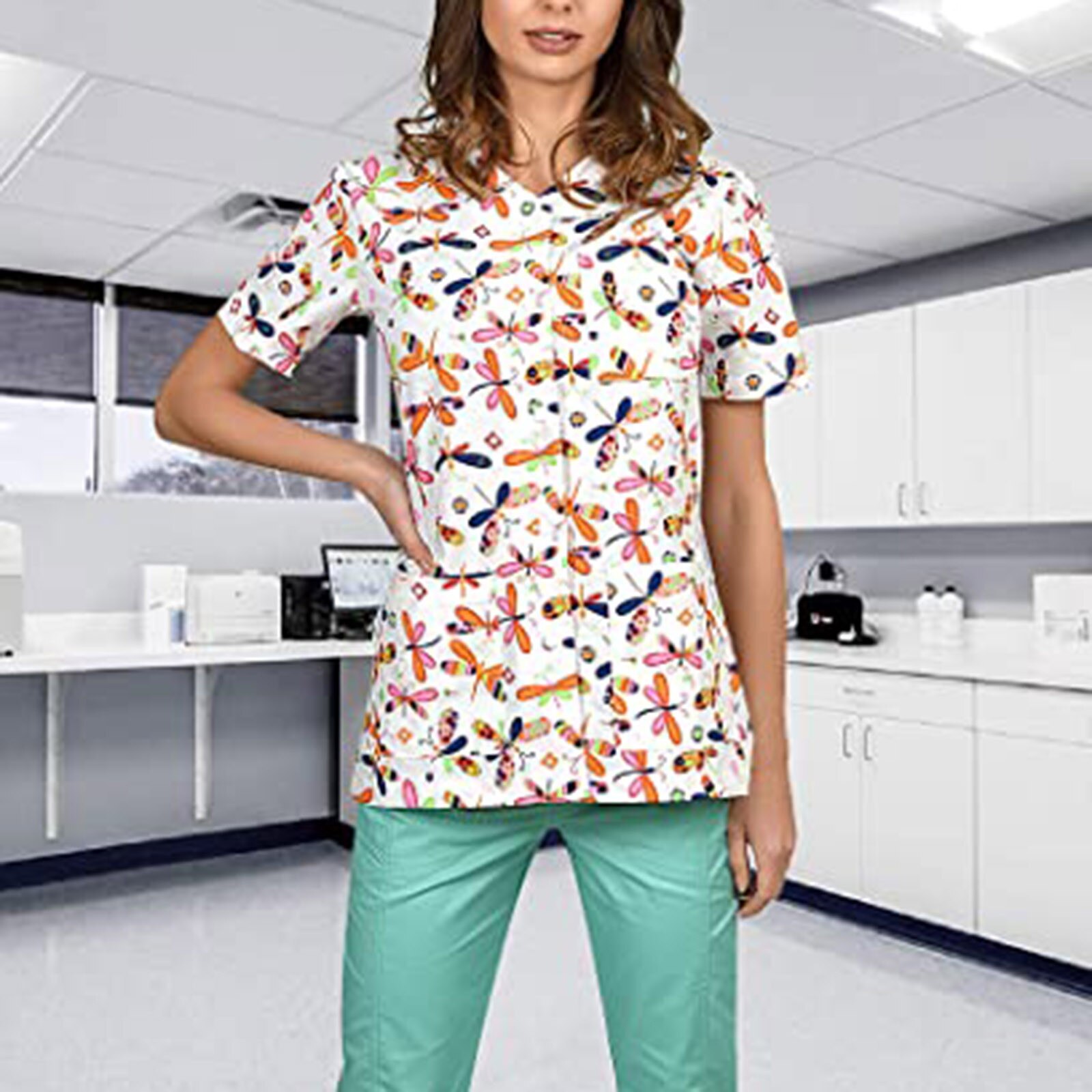 women's uniform hairdresser Short Sleeve V-neck Tops Working Uniform Cartoon Print Blouse all for cosmetologists nurse N50