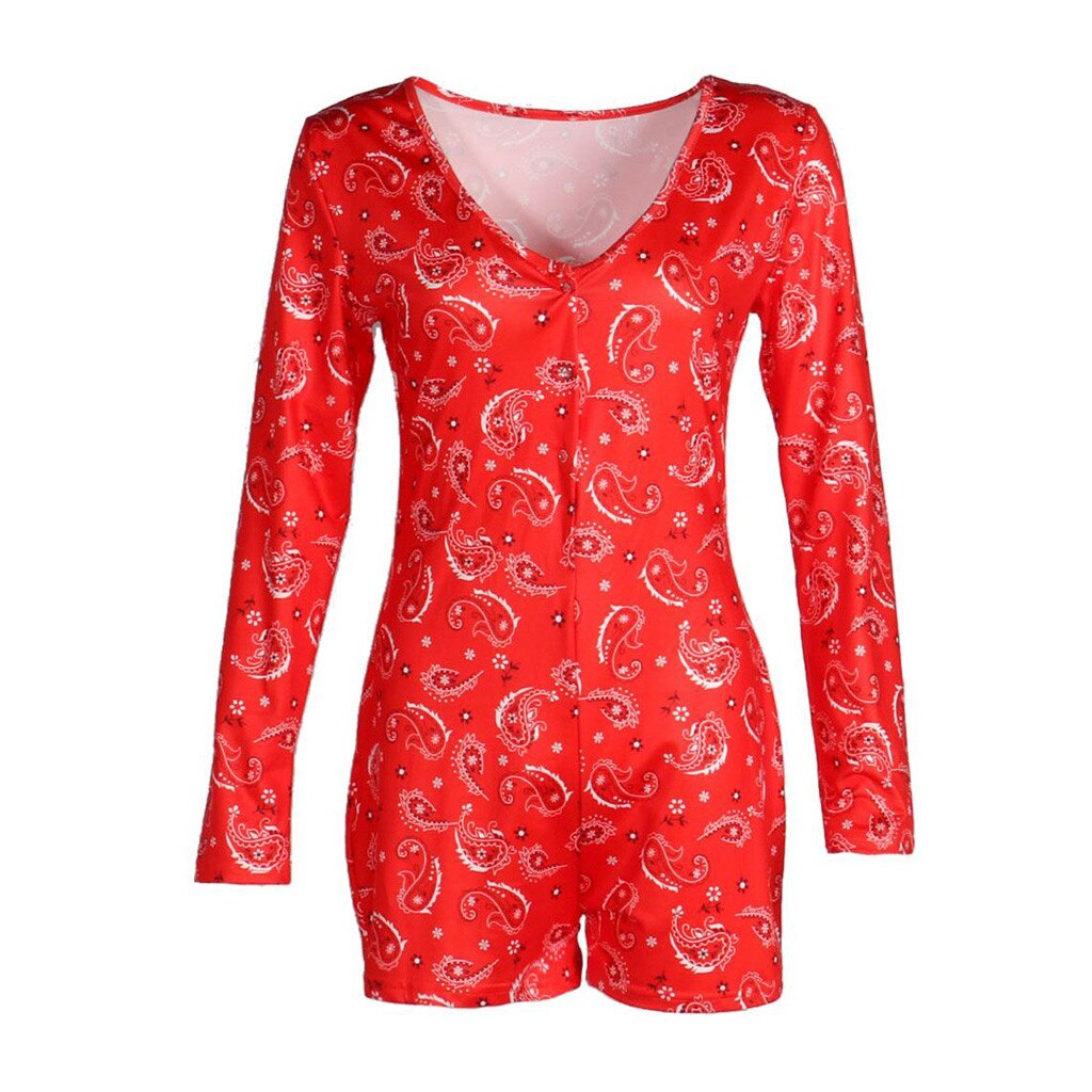 Sexy Women V-neck Bodycon Sleepwear Jumpsuit Button Bodysuit Shorts Romper Bodysuit Leotard Long Sleeve Print Bodysuit Z0626: Red / XL