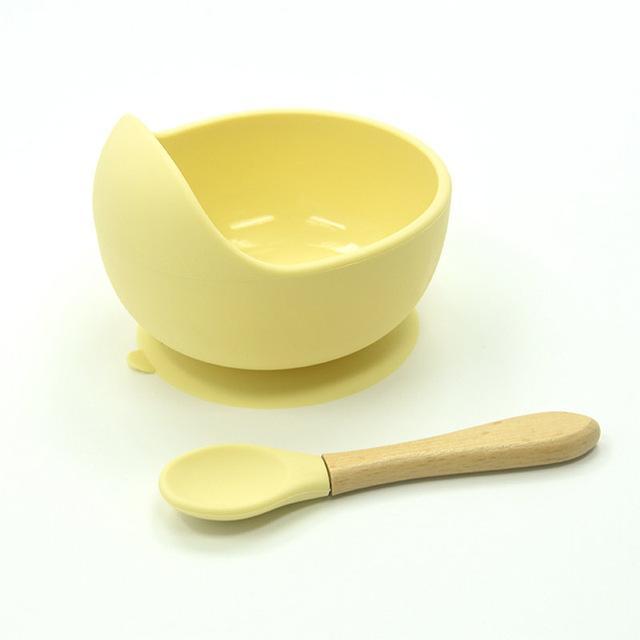 Baby siliconen voedingsset houten lepel zuigkom babybord kinderen peuterhulp servies bpa-vrij siliconen babyverzorging: Geel