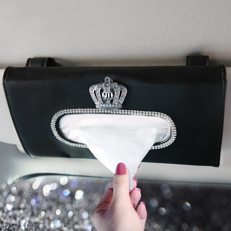 Moda couro do plutônio caixa de tecido do carro viseira sol bling diamante cisne coroa tecido titular caixa para acessórios do carro meninas