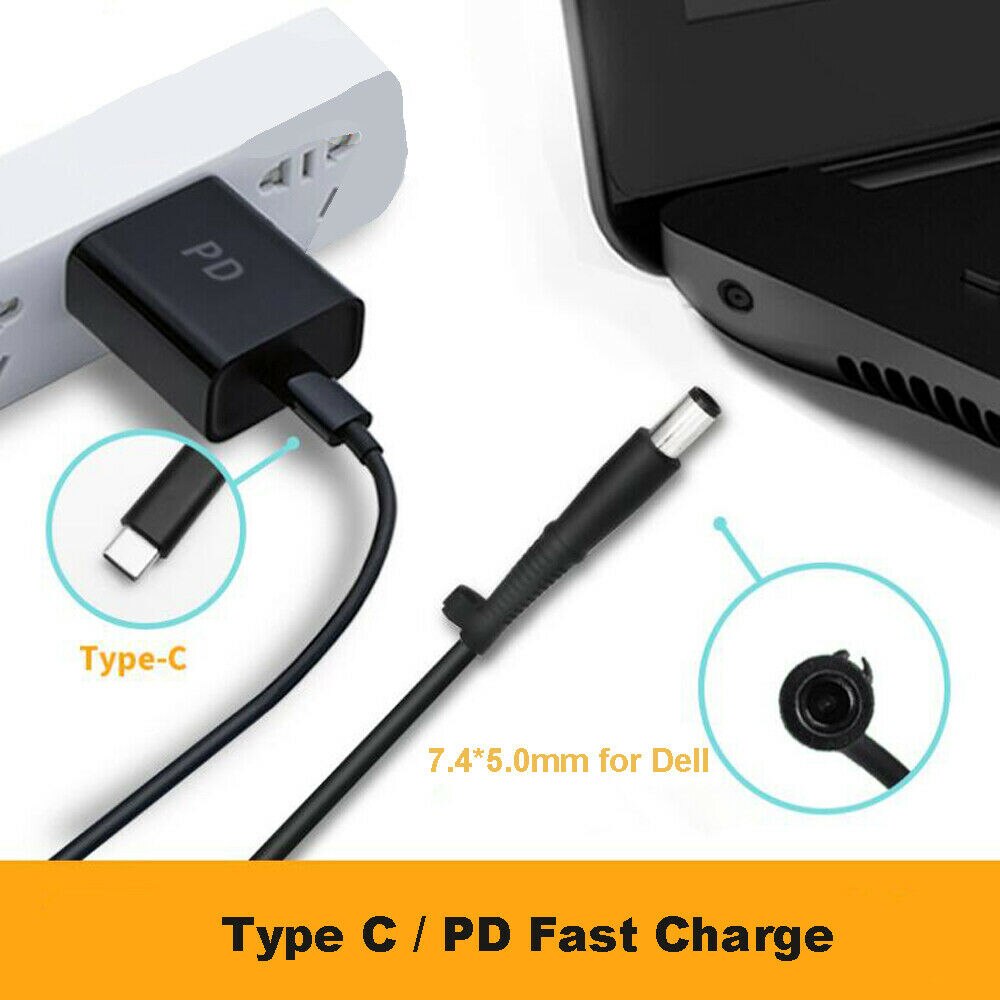 Cable de punta redonda DC PD de USB-C tipo C a 7,4x5,0mm para ordenadores portátiles Dell de 65W o menos