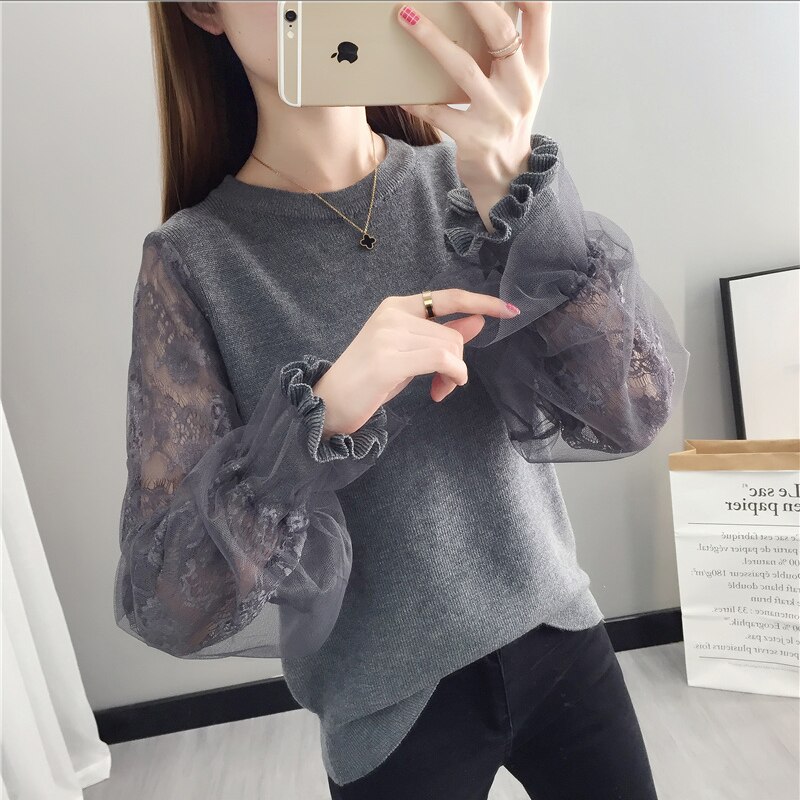 Menina malha manga longa camisola de malha feminino o pescoço solto preguiçoso costura lanterna manga laço bottoming jumper primavera 2020 primavera: Cinza