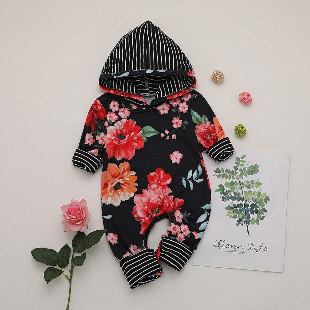 Pasgeboren Baby Baby Boy Meisje Bloemen Hooded Strepen Romper Jumpsuit Kleding Katoen Comfortabele Pasgeboren Baby Kleding 0-2 jaar