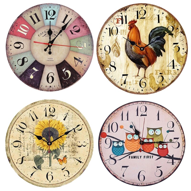 Retro Houten Wandklok Haan Vintage Rustieke Non-Tikkende Stille Rustige Decor