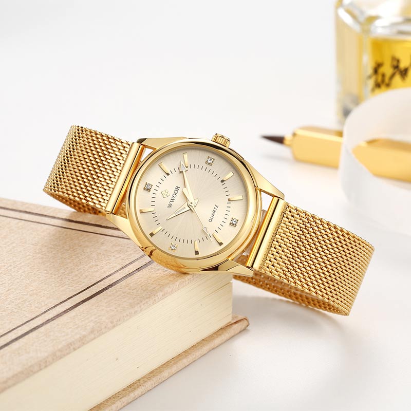 Zegarek Damski Vrouwen Horloges Wwoor Top Luxe Gold Quartz Klok Dames Golden Mesh Elegante Armband Horloge Vrouwen Relogio Feminino