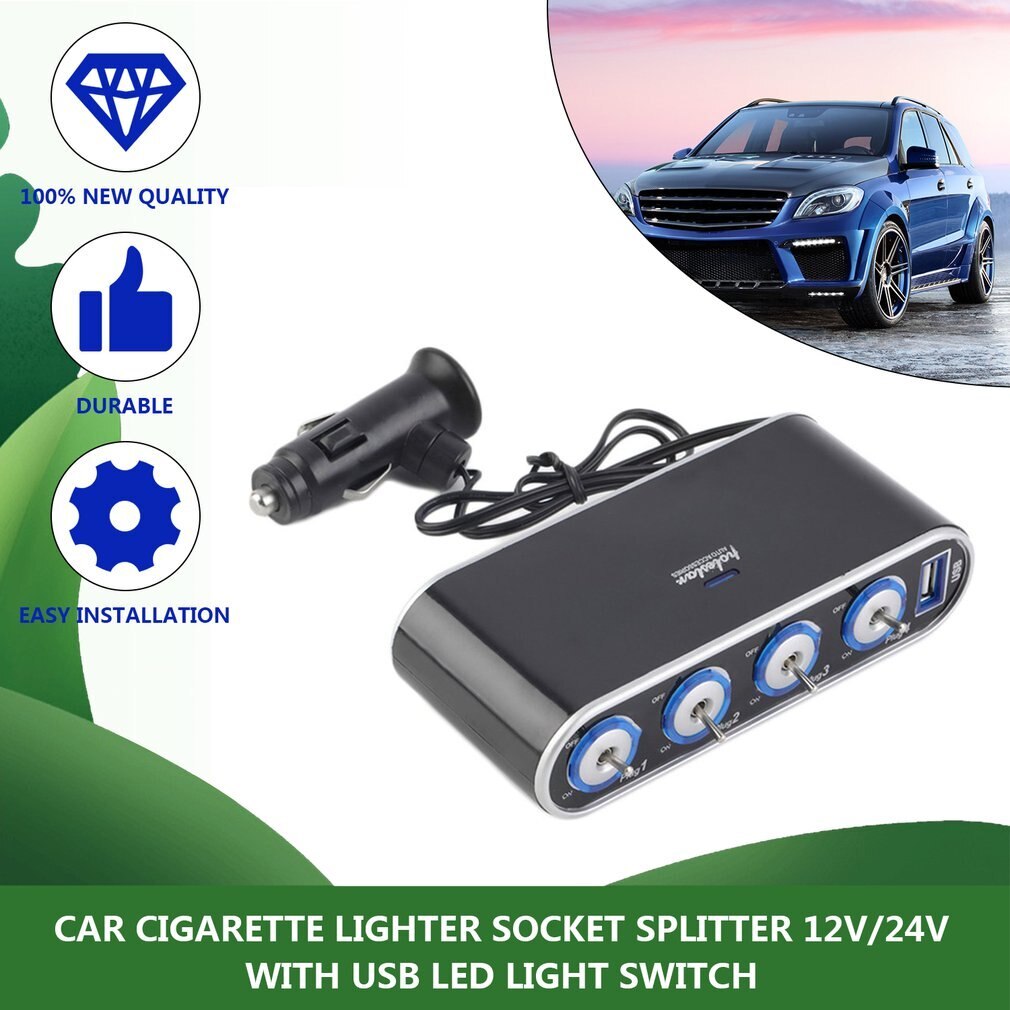 4 Manier Multi Socket Autolader Voertuig Auto Sigarettenaansteker Splitter & Dual Usb-poorten Plug adapter 12V 24V