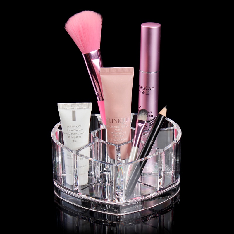 Klar akryl makeup organizer toiletartikler opbevaring etui hjerteformet læbestift makeup børste opbevaring holder