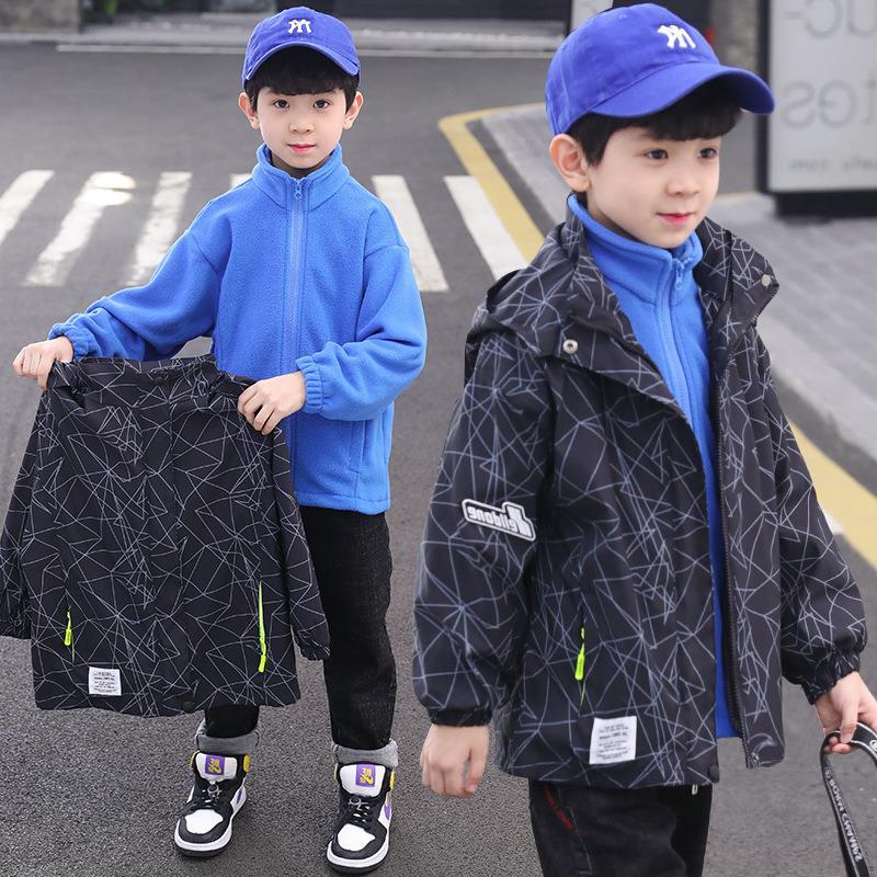Boy's autumn/winter with removable triad ski-wear, add wool trench coat cuhk middle-aged children's jacket, 6-12 years old