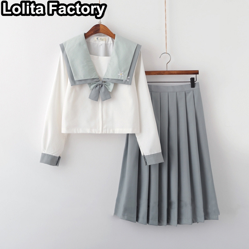 Summer Japanese Women girl student JK uniform suits Short/long Sleeve jacket School Uniforms college style Sailor Suit Sets: style 1 Long sleeve / XXL
