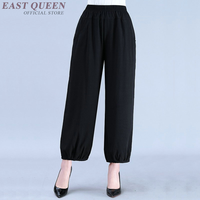 Pantalon à jambes larges pour femmes plus âgées, bouffantes noires, en coton et lin, taille haute élastique, broderie, Capris, boutique chinoise en ligne, TA1783,
