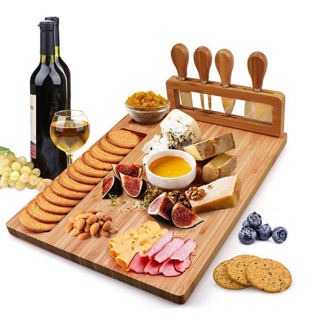 Bamboo Cheese Board Charcuterie Platter Serving Meat Board for Wine Crackers Charcuterie Snack Food Appetizers Fruit