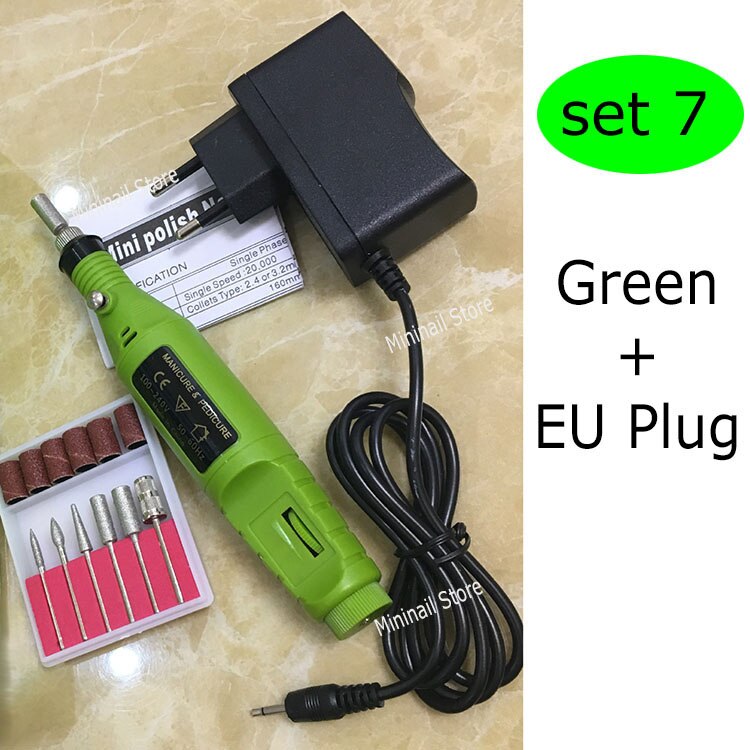 Mini nagelboorset met 6 bits, elektrische boormachines, manicure, stylingtool, pedicure, vijlen, vormgeven, voetverzorgingsproduct: Groen - eu-stekker