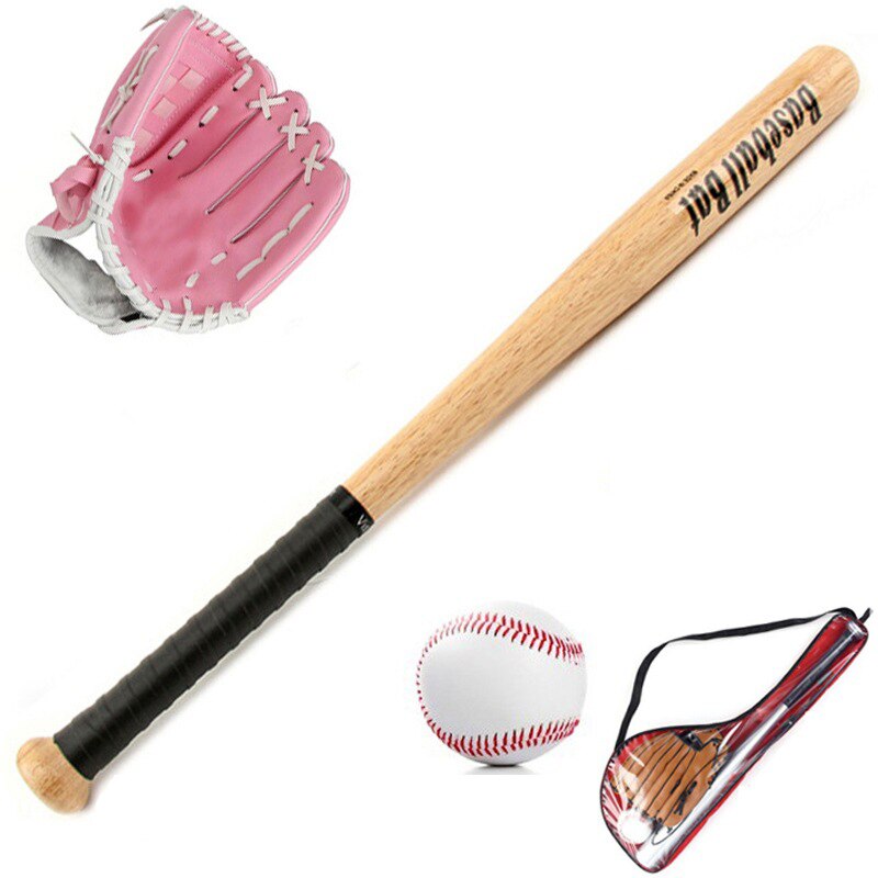 Kids Outdoor Professionele 25 Inch Houten Honkbalknuppel En Softbal Bal & Baseball Handschoenen Exercise Training Baseball Set W: Pink white