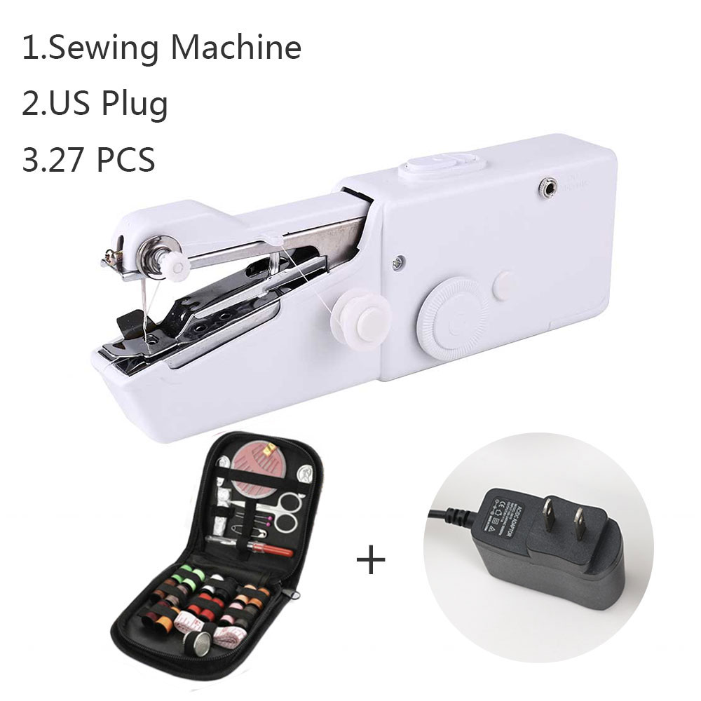 INNE Portable Mini Hand Sewing Machine Household Electric Quick Repair Clothes Straight Stitch Needlework Tool DIY Accessories: US 27thread White