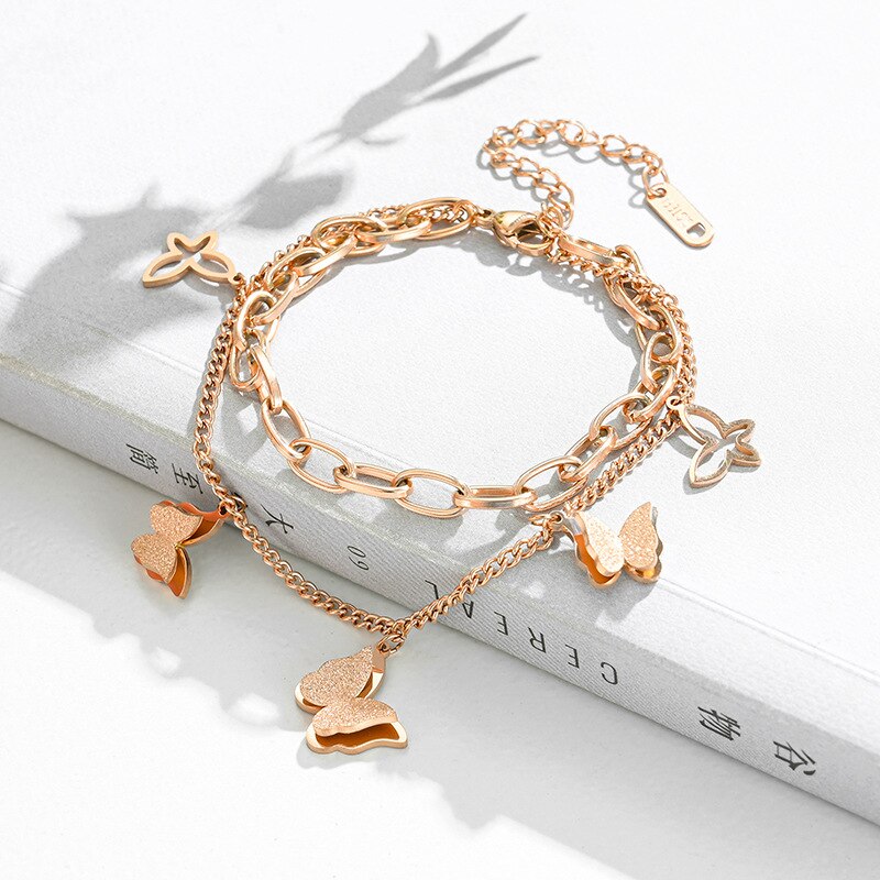 Meyrroyu Rvs 3 Kleuren Dubbele Laag Vlinder Armbanden Trendy Dikke Ketting Voor Vrouwen Party Sieraden