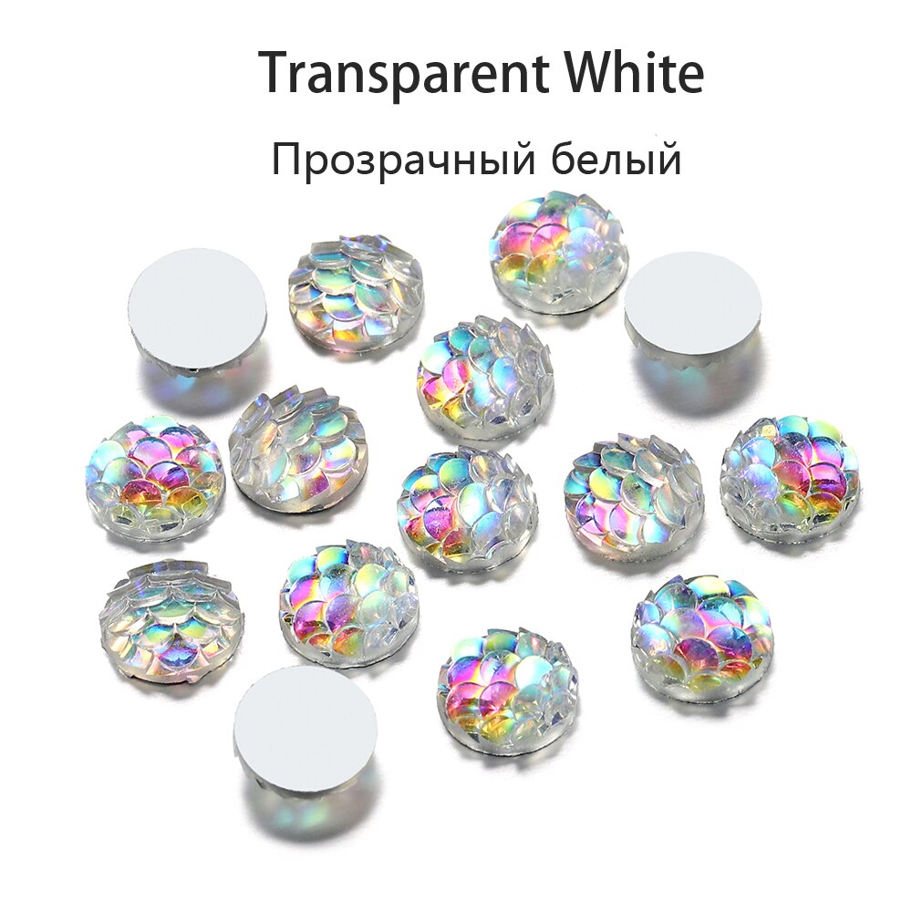 50Pcs 8mm Fish Scale Cabochons Flat Back Mermaid Resin Cabochon For Diy Jewelry Making Finding Supplies Accessories Bracelets: Transparent