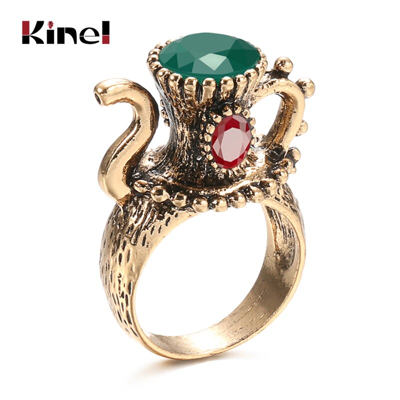 Kinel vintage smycken vinkanna antik ring guld färg kvinnor grön harts bröllopsfest ring jul