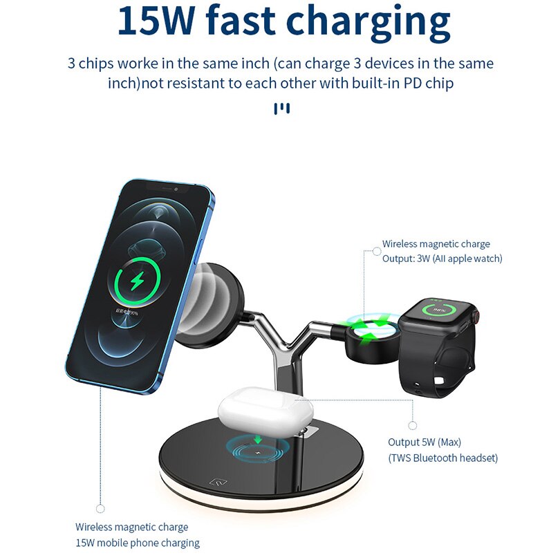 3-in-1 Magnetic Wireless Charger - 15W Fast Charging Station for iPhone 12 Series, Apple Watch & AirPods Pro