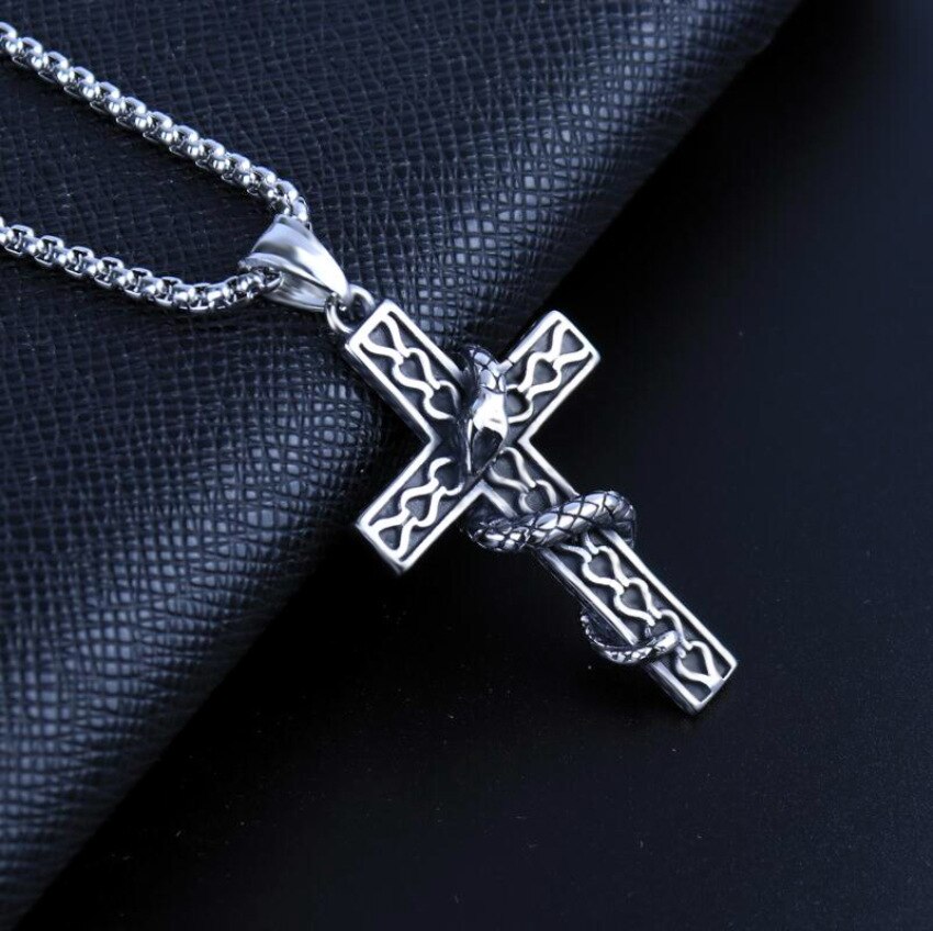 Slang Gewikkeld In Cross Enkele Titanium Schrift Cross Ketting Rvs Zwart Gebed Choker Kruis Hangers Voor Mannen Colar