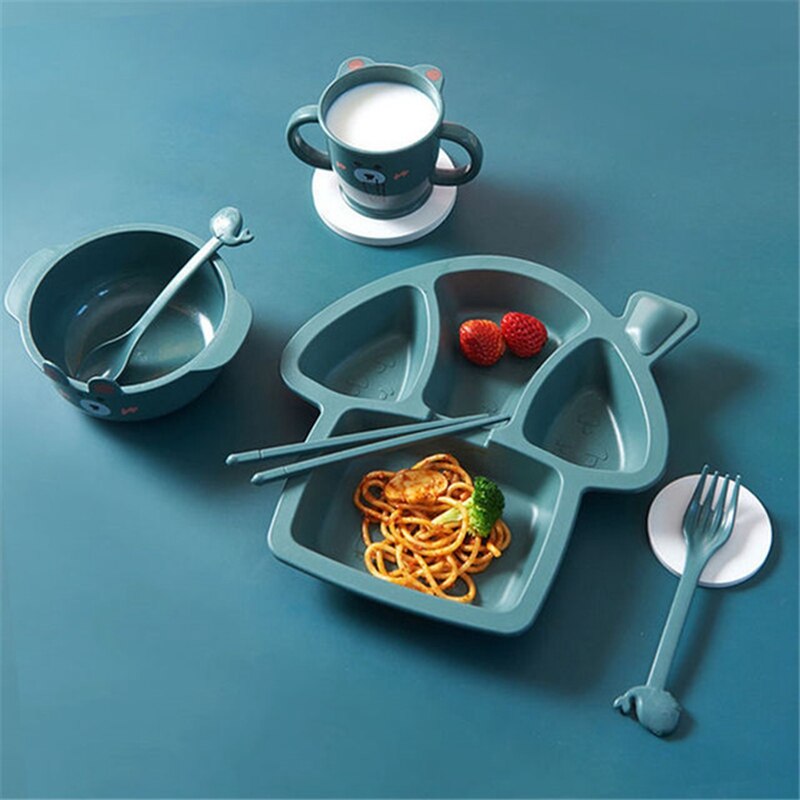 Vajilla para bebé, juego de 6 uds. De platos de cena para niños, tenedor de caricaturas para el hogar, platos de alimentación resistentes a las caídas para: Mushroom green set