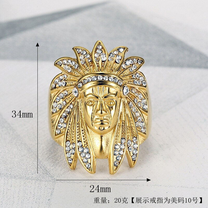 Mikro brolagte rhinsten ice out bling indianere chief ring titanium rustfrit stål guldringe til mænd hip hop rapper smykker