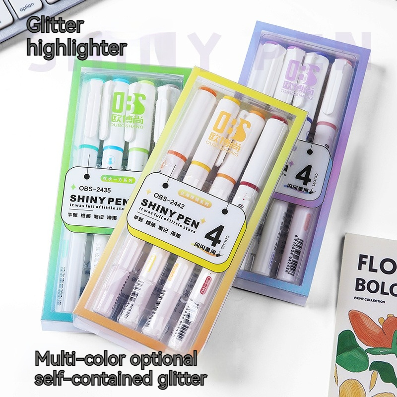 Ensemble de stylos brillants de couleur scintillante, surligneur scintillant, marqueur de 4mm, brosse pour dessin, peinture, école d'art, paillettes métalliques, 4 pièces