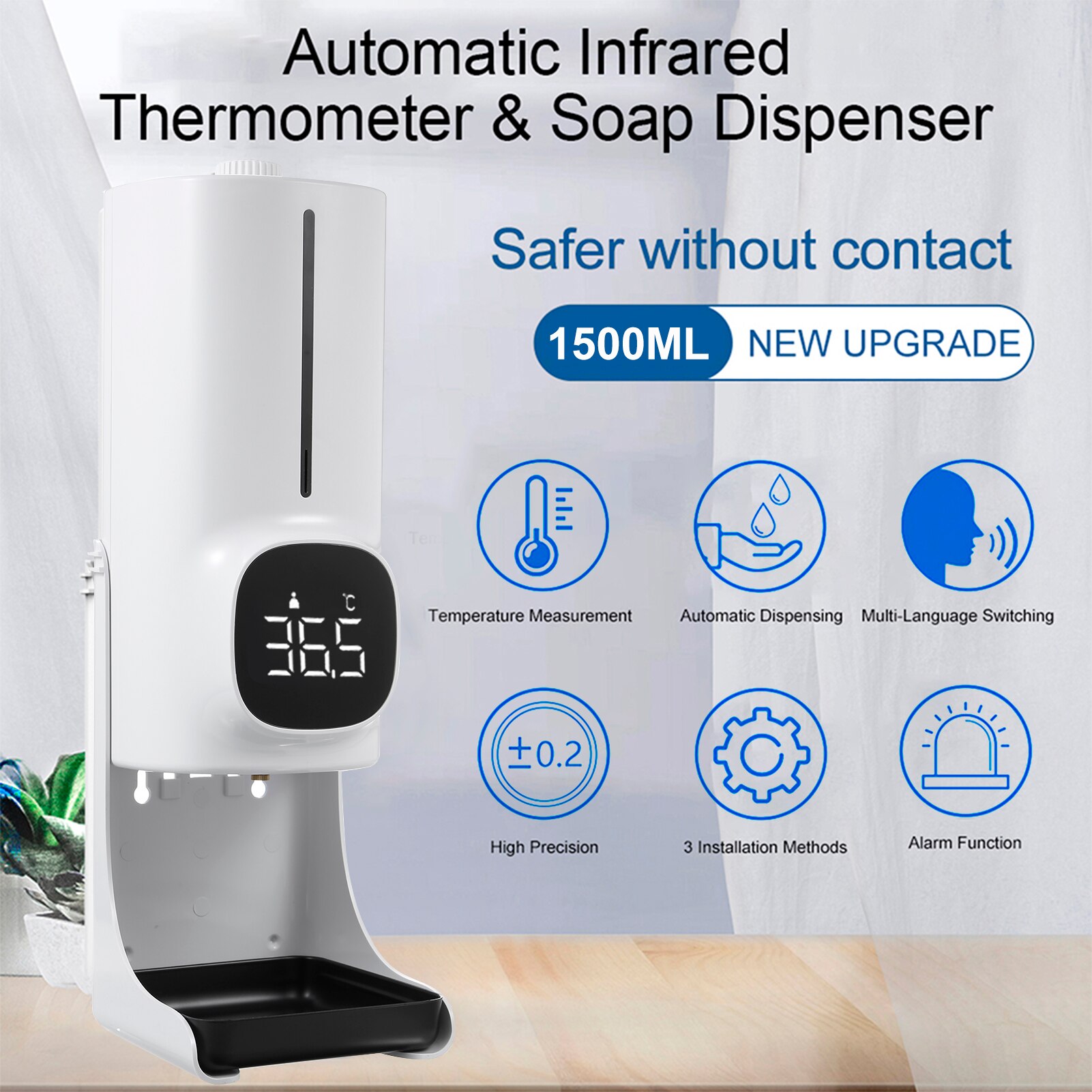 1500ml Wall Mounted Automatic Soap Dispenser Hand Sanitizer Dispenser Non-contact Infrared Thermometer