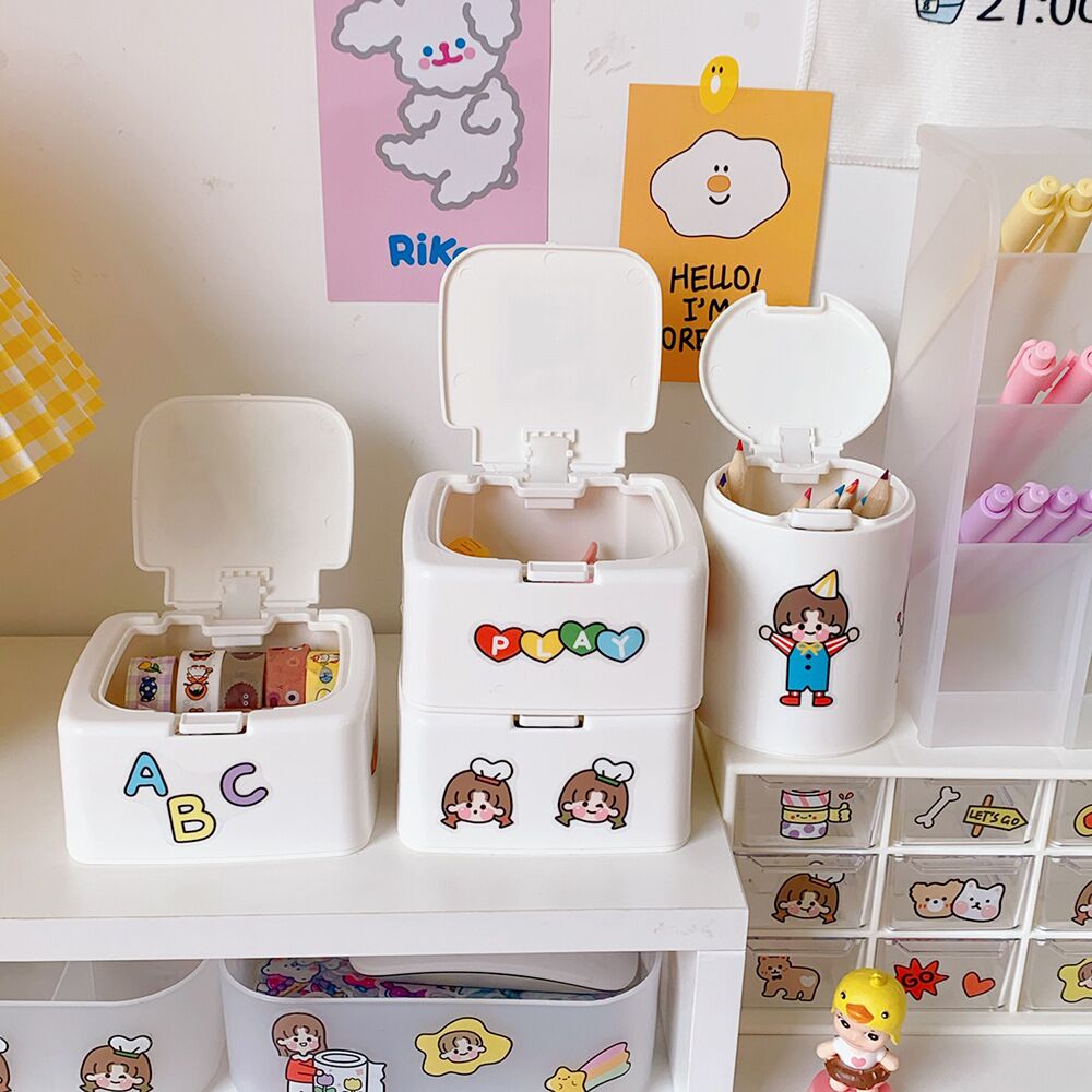 MINKYS Cute Girls ABS Mini Desktop Organizer Storage Box 1PC Free Sticker Kawaii Korean School Stationery