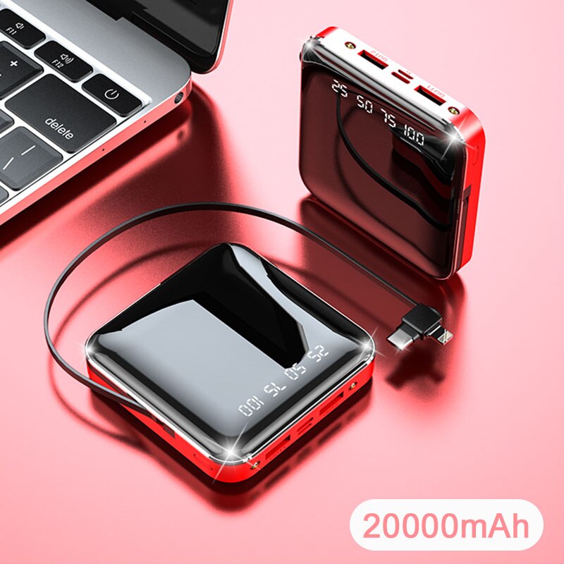 20000Mah Power Bank Ingebouwde Kabel Voor Xiaomi Samsung Met Digital Display Mini Powerbank Aangedreven Type C Micro: Red