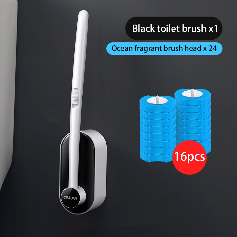 Escobilla para inodoro desechable, herramientas de limpieza sin ángulo muerto, cepillo limpiador de mango largo para el hogar, accesorios de baño para inodoro: 16pcs Ocean Black