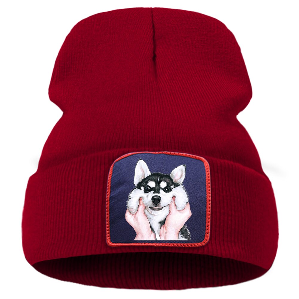 Belle mignon Husky chien Bonnet casquettes femmes hiver coton Skullies chapeau hommes en plein air Hip Hop Bonnet tricoté doux unisexe Beanie chapeaux: wine red6