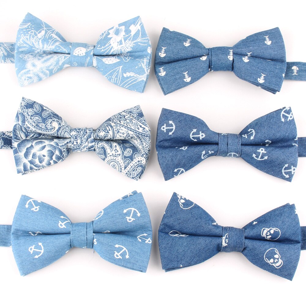 Nœud papillon en jean pour marié, pour homme et femme, cravate en Denim, bleu, motif Floral