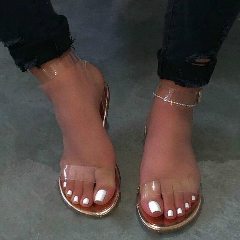Femmes Transparent sandales femmes léger chaussures plates femme croix sangle femme confort femme décontracté plage chaussures grande taille: Gold / 6.5