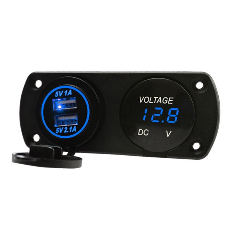 12v-24v dobbel usb-lader + led voltmeter bil usb-uttak bil hurtiglader for motorsykkel bil marine panel modifikasjon: Blå