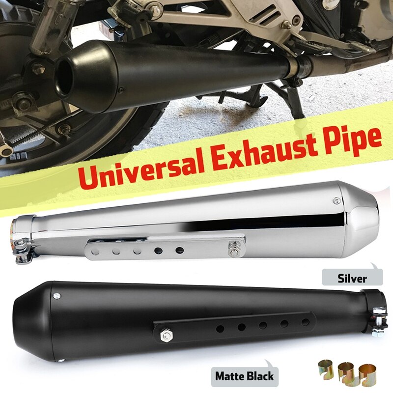 Universal Motorcycle Cafe Racer Exhaust Pipe with Sliding Bracket Matte Black Silver