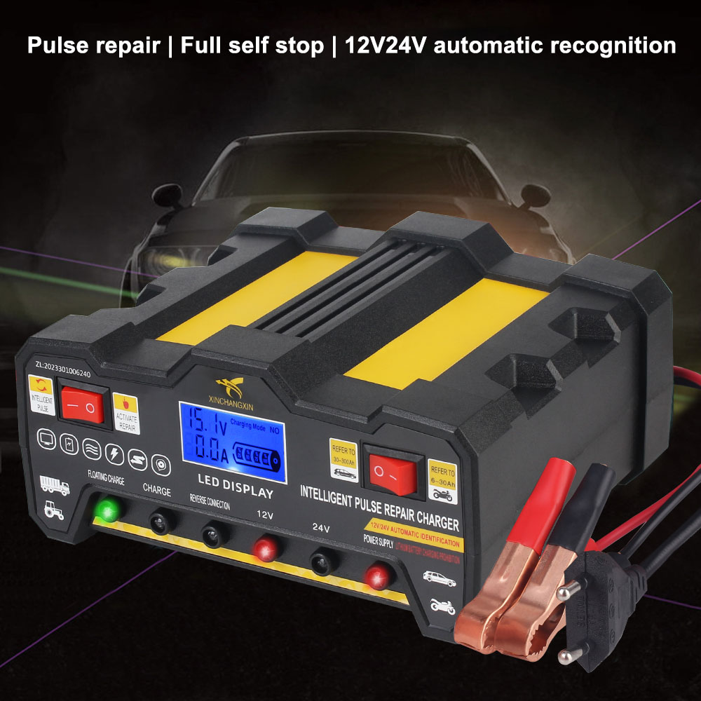 600W Auto-acculaders 12V 12A / 24V 9A Uitgang Snel opladen Intelligente automatische pulsreparatie Batterijlader US EU-stekker