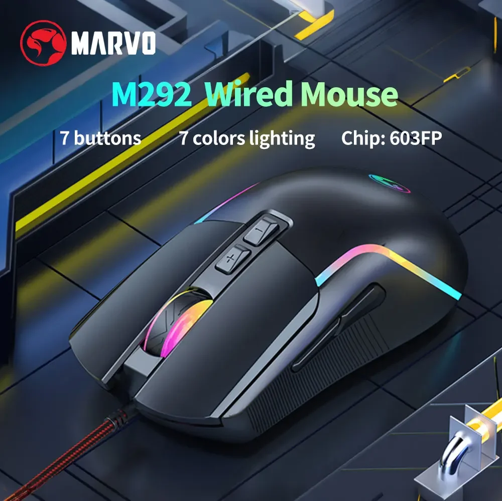 MARVO M292 CAPO 20 Wired Right Hand E-sports Mouse 7 Buttons Mixed Backlit 603FP Chip 8000DPI High Precision Gaming Mouse For PC