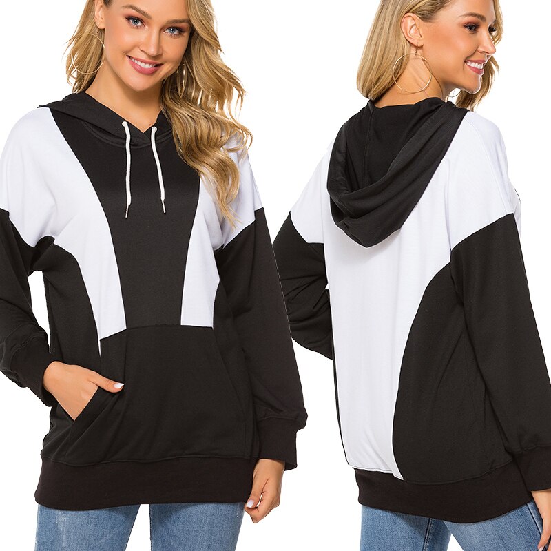 Women's Hooded Hoodie Sweatshirts Black And White Contrast Color Autumn And Winter Ladies Loose Casual Hoodie