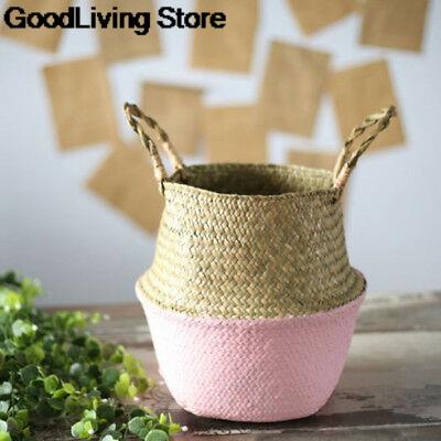 1PC słomka rattanowa kosz wiklinowy trawa morska składany pralnia kwiat kwiatek doniczkowy wazon dom ogród wiszący kosz dekoracje ślubne: różowy