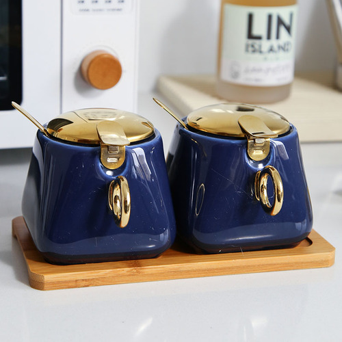 Kruidkruik Set Huishoudelijke Combinatie Zout Jar Kruiden Opbergdoos Keramische Keuken Kruiden Pot Peper Pot Met Deksel Cn (oorsprong): 2 blue