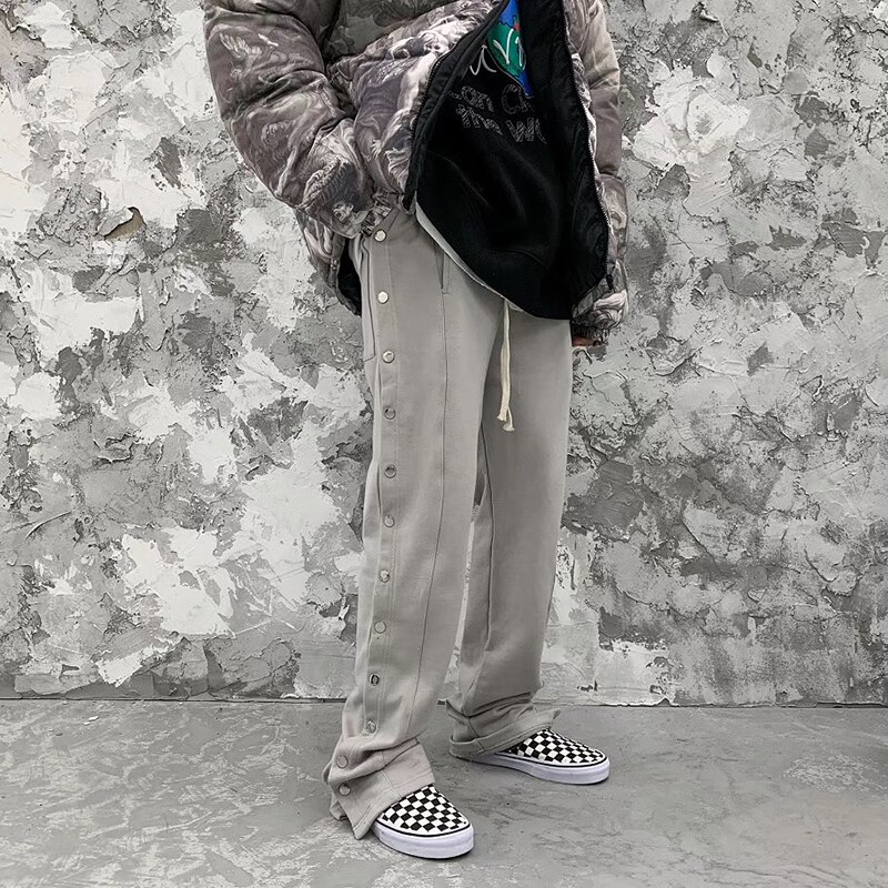 Double bouton latéral survêtement pantalons de survêtement hommes élastique Wasit Streetwear décontracté Hip Hop pantalon large jambe Harajuku Cargo pantalon