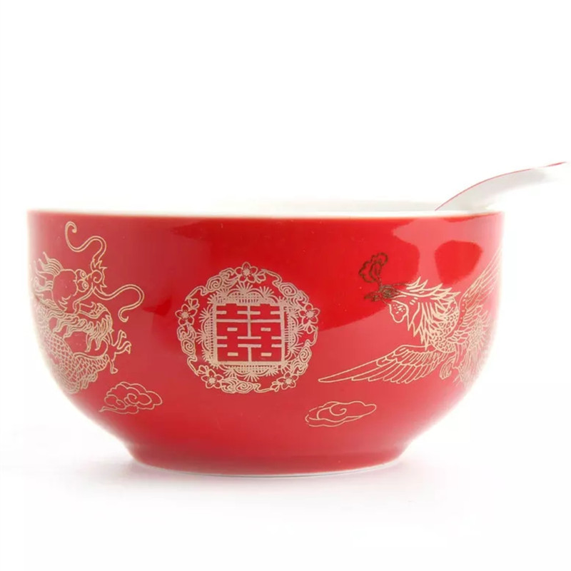 Kinesisk testel drage og føniks bryllup rød gaiwan keramisk testel terrin jingdezhen porcelæn te låg skål spisestel kopper: Suppeskål 2