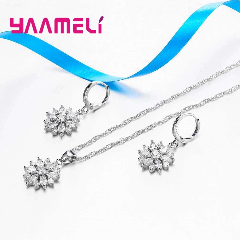 Luxe Bloem Charm Ketting Oorbellen Set Voor Vrouwen Classic 925 Sterling Zilver Aaa Cubic Zircon Stone Sieraden