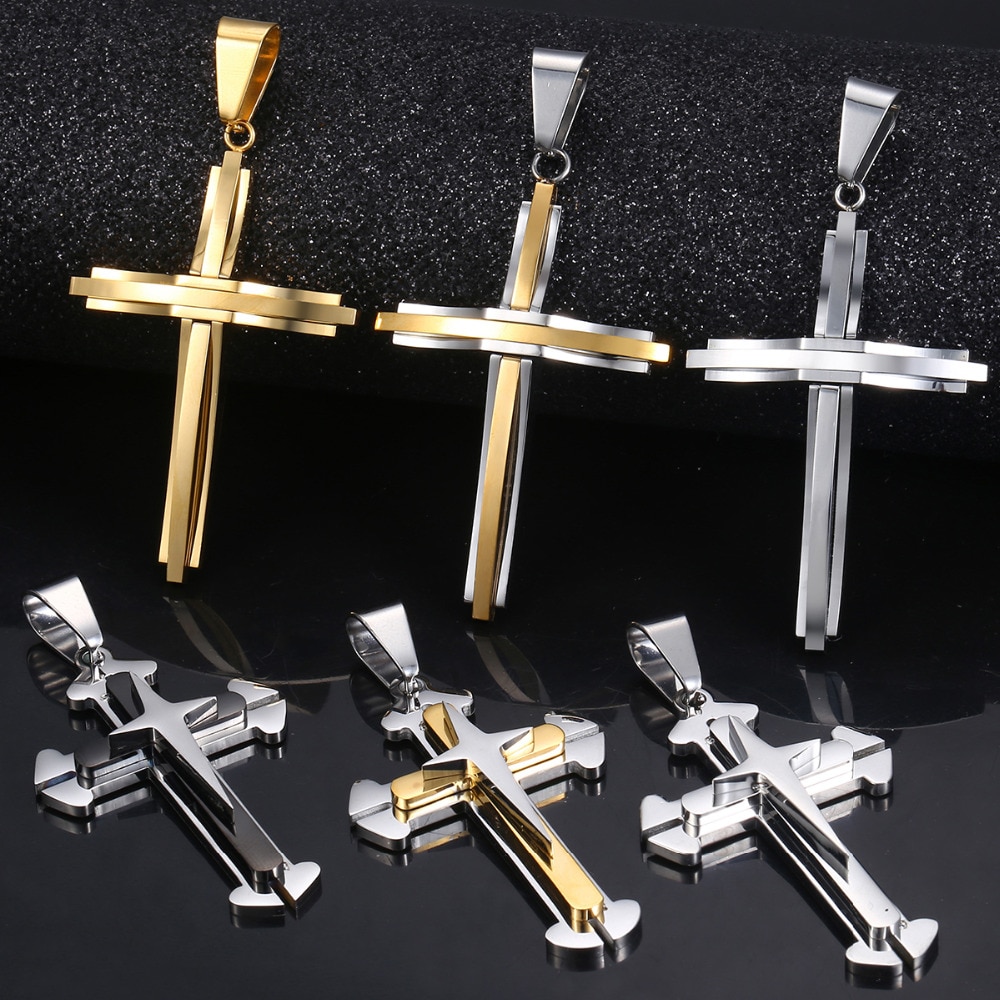 Davieslee 15 Styles Stainless Steel Cross Pendant for Men Gold Silver Color Multi Layers Clear CZ Trendy Jewelry DLKPP1