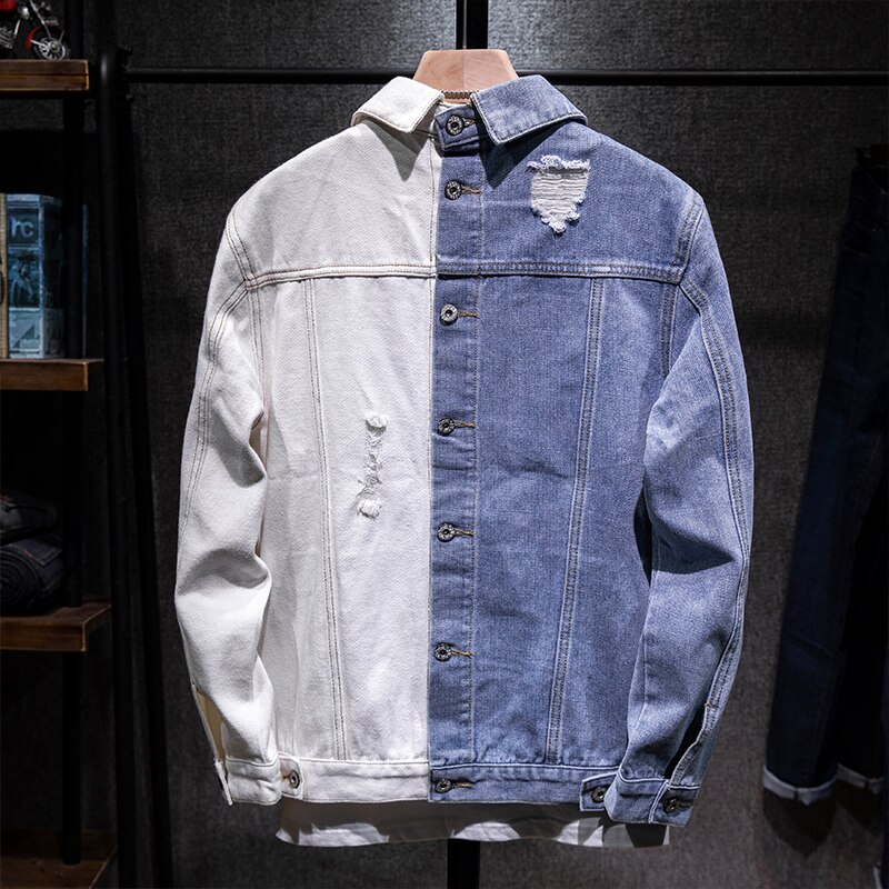 Chaquetas vaqueras de algodón para hombre, estilo Hip Hop, ajustadas, Azul, Blanco, de retazos, color sólido, informal, para motociclismo, de talla grande 5XL