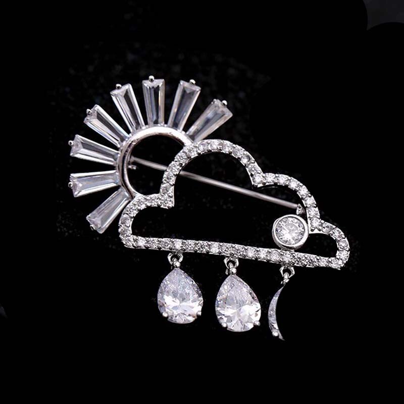 RED TREES Brooch Pin - Men's Cloud & Raindrop - Sterling Silver White Gold Plated